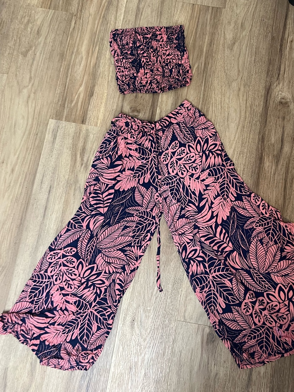 Two-Piece Pink & Navy Tropical Set